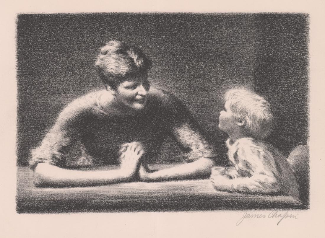 James Chapin Signed Print: James Chapin (Canadian/American 1887 - 1975) signed print. Signed 'James Chapin' in pencil lower right. Measures 8-in. x 11.75-in. image size, 11.75-in. x 15.5-in. sheet size. VG/EX condition. Unframe