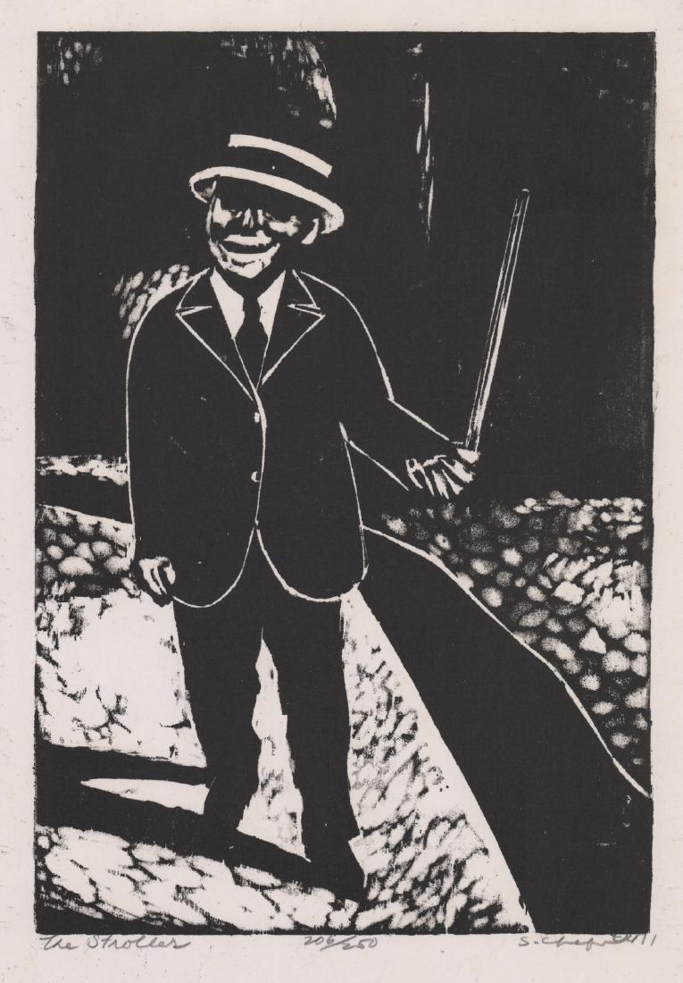 Sidney Chafetz Signed Woodblock: Sidney Chafetz (American 1922 - 2013) signed woodblock. Signed 'S. Chafetz' in pencil lower right. Title 'The Stoller' in pencil lower left. Numbered '206/250' in pencil lower center. Measures 13.25-i