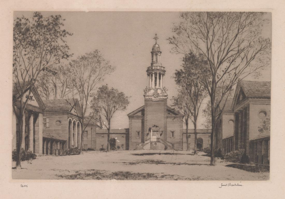 Samuel V. Chamberlain Signed Etching: Samuel V. Chamberlain (American 1895 - 1975) signed etching. Signed 'Samuel Chamberlain' in pencil lower right. 'Es 125' in pencil lower left. Measure 6.25-in. x 9.5-in. image size, 10.75-in. x 13-in.