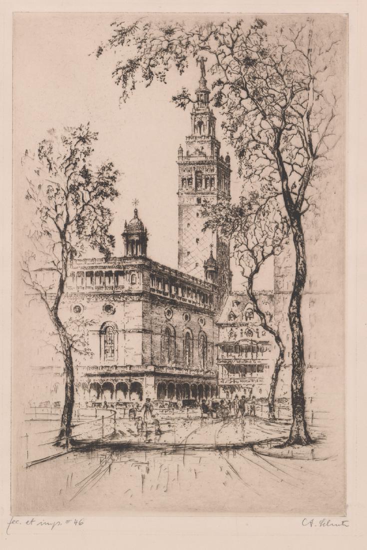 Anton Schutz Etching [New York,Madison Square Garden]: Anton (Joseph Friedrich) Schutz (New York, California/Germany 1894 - 1977) signed etching of old Madison Square Garden building in Manhattan. Artist signed in pencil lower right. 'Sec. et imp. #46' in