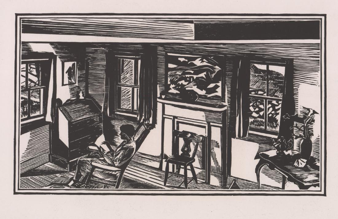 Fiske Boyd Original Woodcut: Fiske Boyd (American 1895 - 1975) original woodcut. Label on verso of mat identifies print as 'Interior' by Fiske Boyd, American Artist Group, New York. Artist signature 'F. Boyd' in plate lower left.