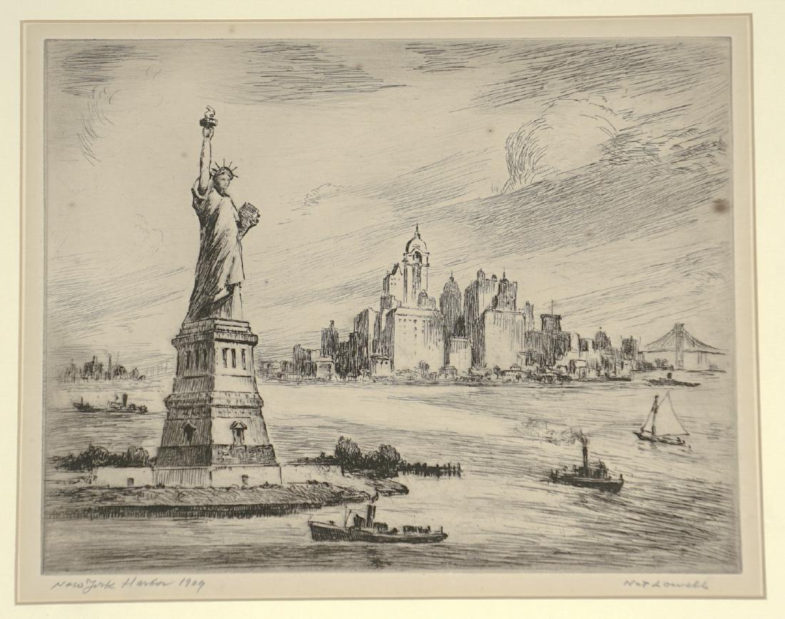 Nat Lowell Signed Etching: Nat Lowell (American 1880 - 1956) signed etching. Signed 'Nat Lowell' in pencil lower right. Title and date 'New York Harbor 1909' in pencil lower left. Etching mounted in a mat measuring 15.875-in. x