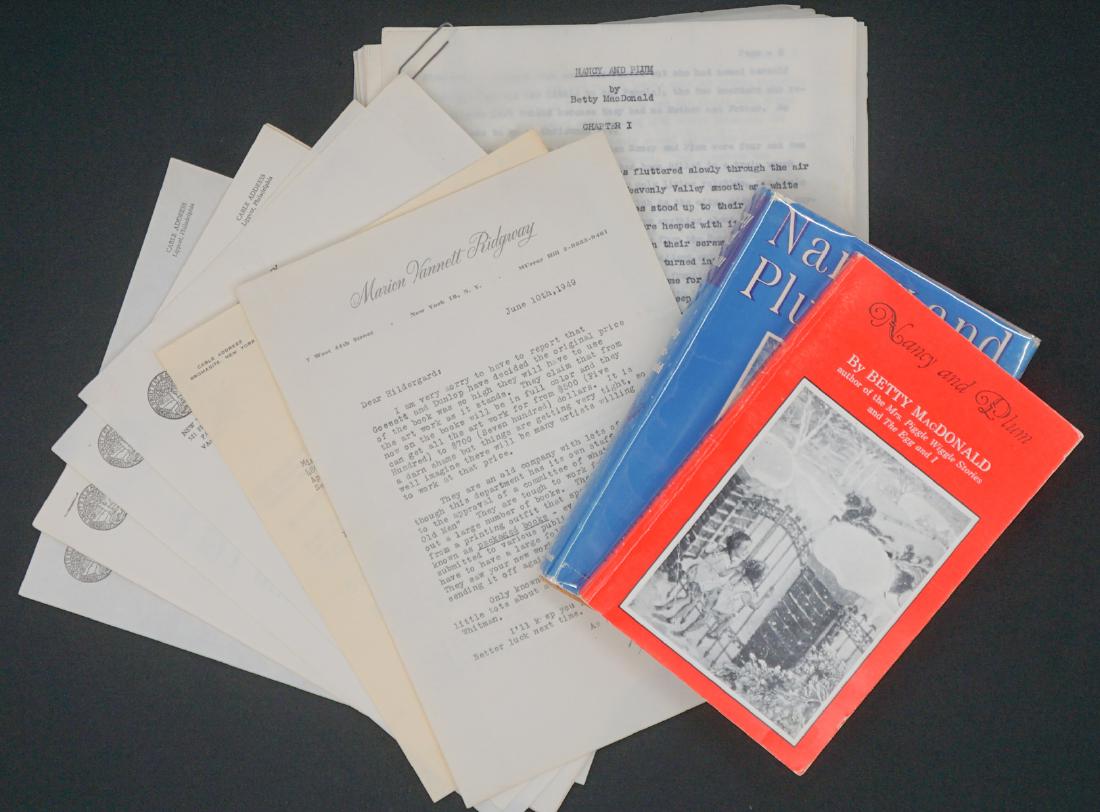 Nancy and Plum by MacDonald; (2) with Manuscript: Nancy and Plum by Betty MacDonald; two editions (one inscribed by the author). Also, the typed manuscript and publisher correspondence with the illustrator Hildegarde Hopkins. Includes: 1) 1952, state