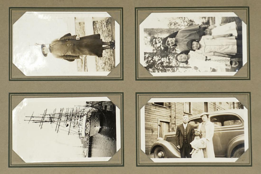 Japanese Family Visiting Seattle Photo Album: An outstanding vintage photo album of small snapshots of Japanese family visiting Seattle from the Nippon Maru Steamship. Contains (200) photographs measuring 2.75 in. x 4.625 in. Excellent condition.