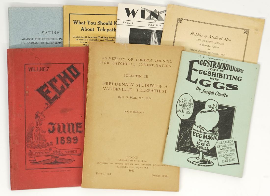 [Telepathy, Egg Magic] Booklets and Ephemera: A group of booklets and ephemera on topics such as Telepathy, Egg Magic and other odd topics. Provenance: Estate of Russell Johanson, Ravenna Rare Books, Seattle, WA. If lot is absent of a condition r