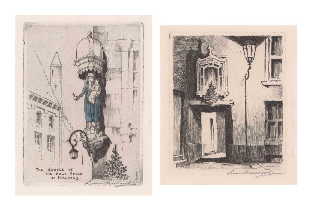 Leon Rene Pescheret Signed Etchings (2): Two Leon Rene Pescheret (American/English 1892 - 1971) signed etchings. Both signed 'Leon Pescheret' in pencil lower right. Print titled 'The Shrine of the Holy Child in Malines' in plate lower left a
