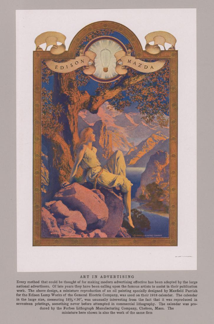 Maxfield Frederick Parrish Advertising Lithograph: Maxfield Frederick Parrish (American 1870 - 1966) advertising lithograph. Print is a miniature reproduction of an oil painting designed for the Edison Lamp Works of the General Electric Company's 1918