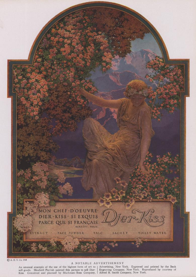 Maxfield Frederick Parrish Advertising Lithograph: Maxfield Frederick Parrish (American 1870 - 1966) advertising lithograph. Print is a reproduction of a painting designed to sell Djer-Kiss products in 1916. Information regarding lithograph beneath pr