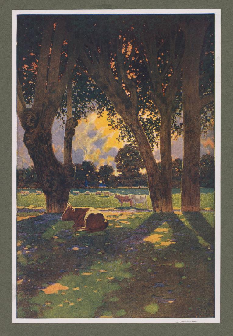 Maxfield Parrish Color Lithograph: Maxfield Parrish (American) color lithograph. Title 'The Desert with Water'. Lithograph measures 8-in. x 5.375-in. sheet size. Mounted at top on a thin sheet of paper measuring 11.875-in. x 8.625-in.