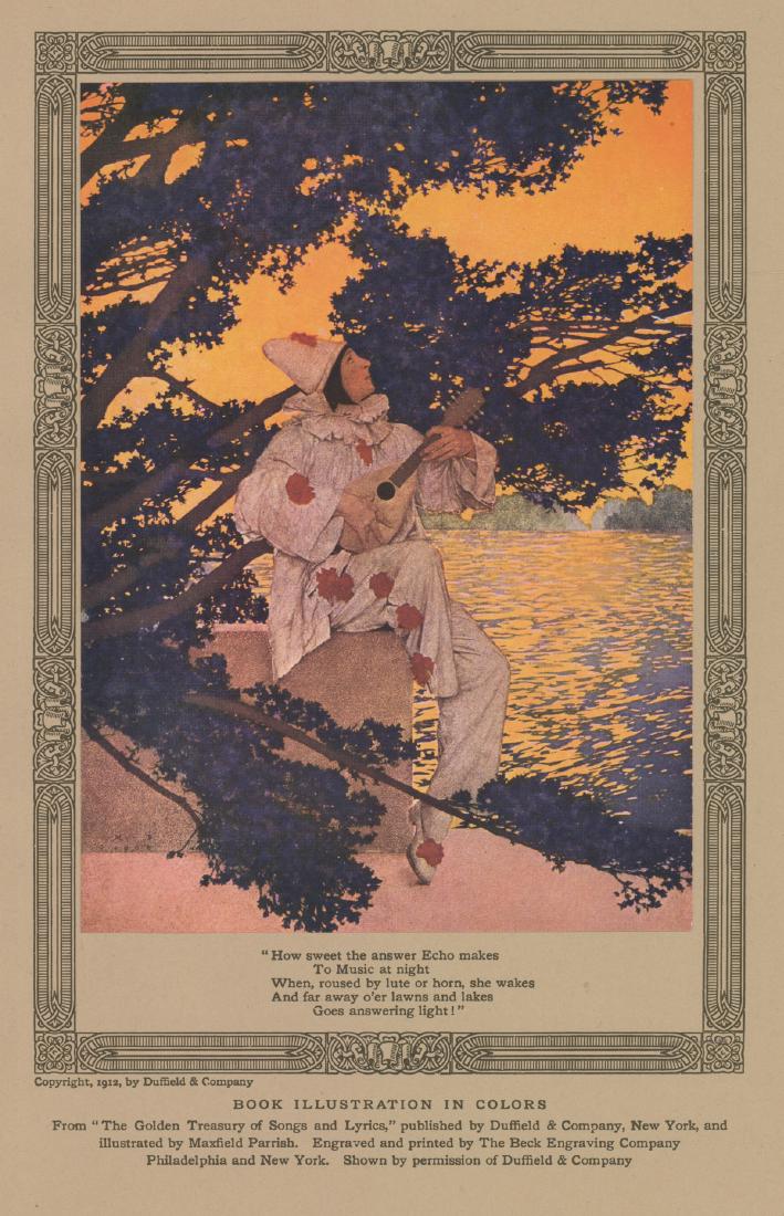 Maxfield Frederick Parrish Illustration Print: Maxfield Frederick Parrish (American 1870 - 1966) illustration print. Print is an illustration from 'The Golden Treasuring of Songs and Lyrics', copyright 1912 by Duffield and Company. Print measures