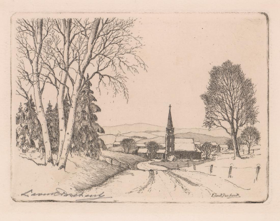 Leon Rene Pescheret Signed Etching: Leon Rene Pescheret (American/English 1892 - 1971) signed etching. Signed 'Leon Pescheret' in pencil lower left, signed in plate lower right. Measures 4.625-in. x 6.125-in. sheet size. Measures 3.875-