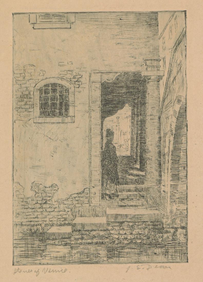 James Ernest Dean Signed Etching: James Ernest Dean (American 1871 - 1933) signed etching. Signed 'J. E. Dean' in pencil lower right. Title 'Stones of Venice' in pencil lower left. Measures 9-in. x 6.375-in. sheet size. Measures 7.625