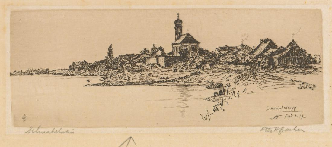 Otto Henry Bacher Signed Etching: Otto Henry Bacher (Italian/American 1856 - 1909) signed etching. Signed 'Otto H. Bacher' in pencil lower right. Artist's name 'Otto' in plate lower left. Title 'Schwabelweis' in pencil lower left. Tit