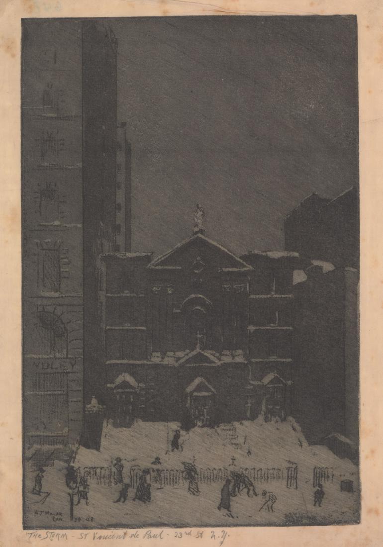 Addison Thomas Millar Print: Addison Thomas Millar (American 1860 - 1913) print. Artist name in plate lower left. Title 'The Storm - St. Vincent de Paul - 23rd St. N.Y.' in pencil lower left. Measures 10.25-in. x 7.5-in. sheet si