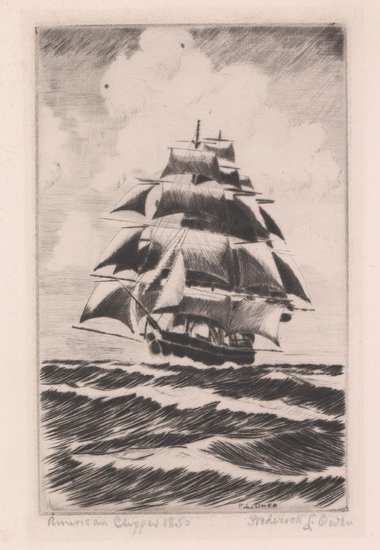 Frederick L. Owen Signed Etching: Frederick L. Owen (Canadian/American 1869 - 1959) signed etching. Artist signature 'Frederick L. Owen' in pencil lower right. Artist name 'F. L. Owen' also printed in plate lower right. Title 'America
