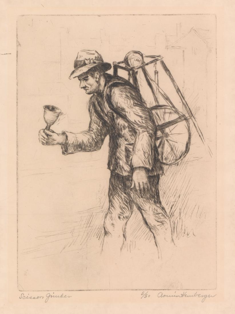 Armin Bismarck Hemberger Signed Etching: Armin Bismarck Hemberger (American 1896 - 1974) signed etching. Artist signature 'Armin Hemberger' in pencil lower right. Title 'Scissors Grinder' in pencil lower left. Measures 9.75-in. x 7.875-in. s