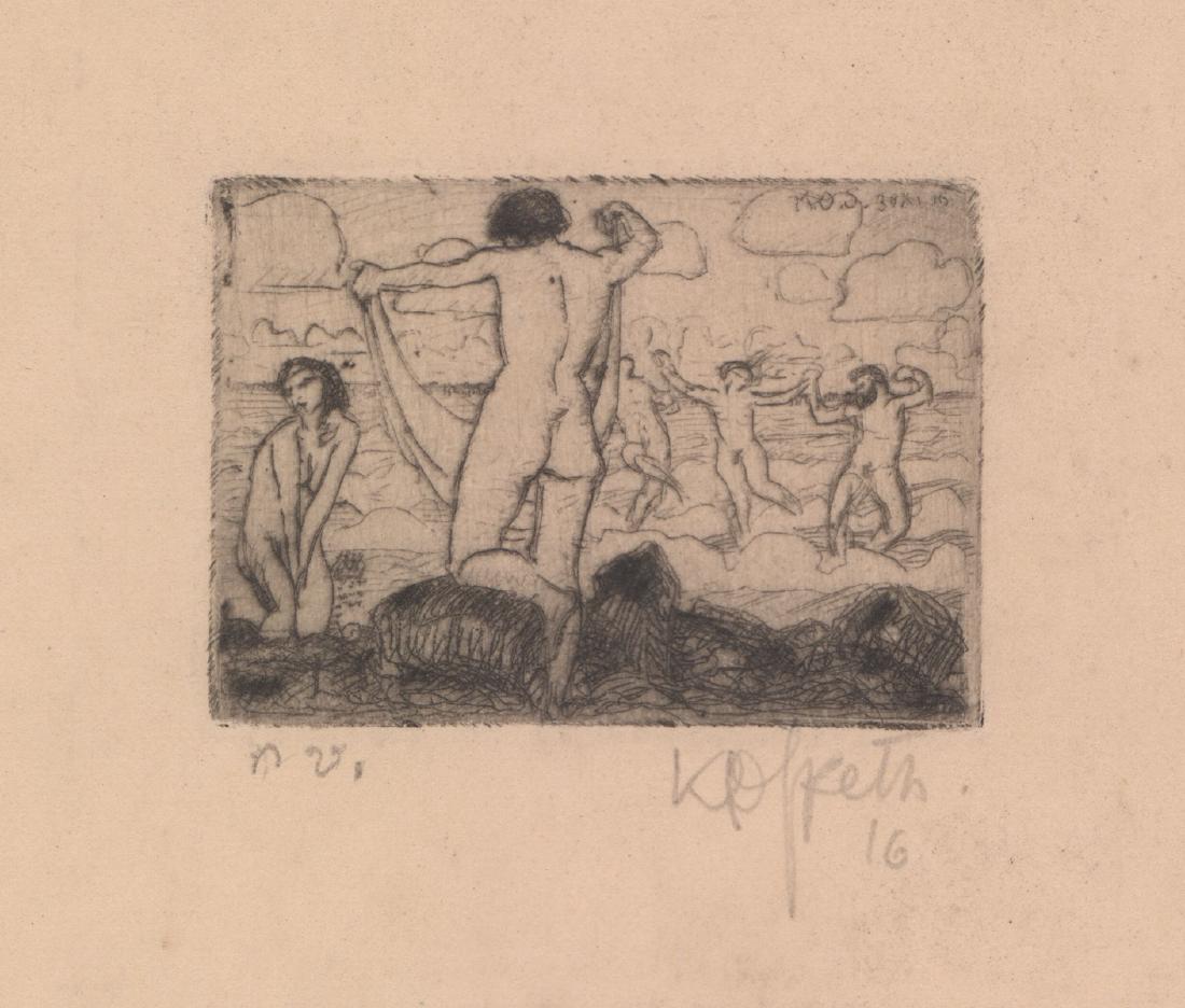 Vera Kopetz Signed Etching: Vera Kopetz (Russian/Czech 1910 - 1998) signed etching. Signed 'Kopetz' in pencil lower right. Measures 13.625-in. x 10.375-in. sheet size. Measures 2.375-in. x 2.5-in. for image window cut in mat. Br