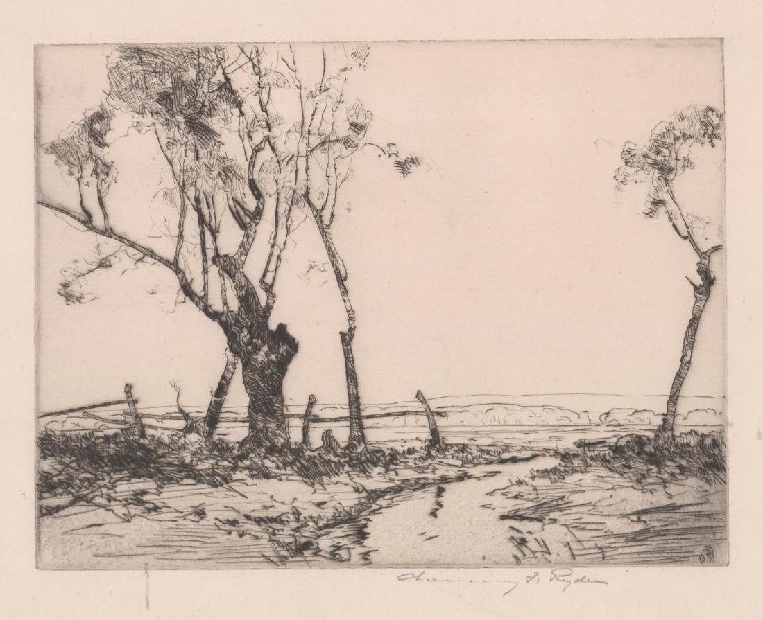 Chauncey Foster Ryder Signed Etching: Chauncey Foster Ryder (American 1868 - 1949) signed etching. Signed 'Chauncey F. Ryder' in pencil lower right. Measures 9.75-in. x 12-in. sheet size. Measures 6.5-in. x 8.25-in. for image window cut i