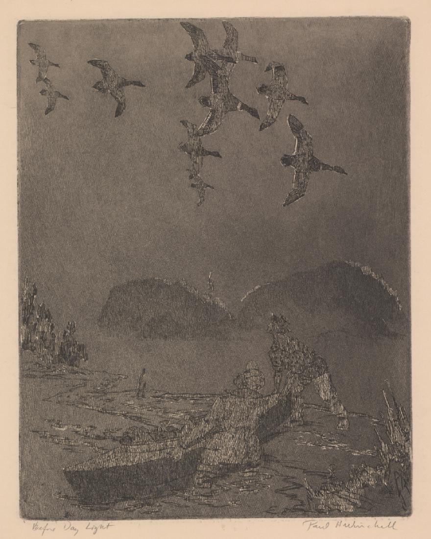 Paul H. Winchell Signed Etching: Paul H. Winchell (American 1903 - 1972) signed etching. Signed 'Paul H. Winchell' in pencil lower right. Title 'Before Day Light' in pencil lower left. Measures 12-in. x 11.75-in. sheet size. Measures