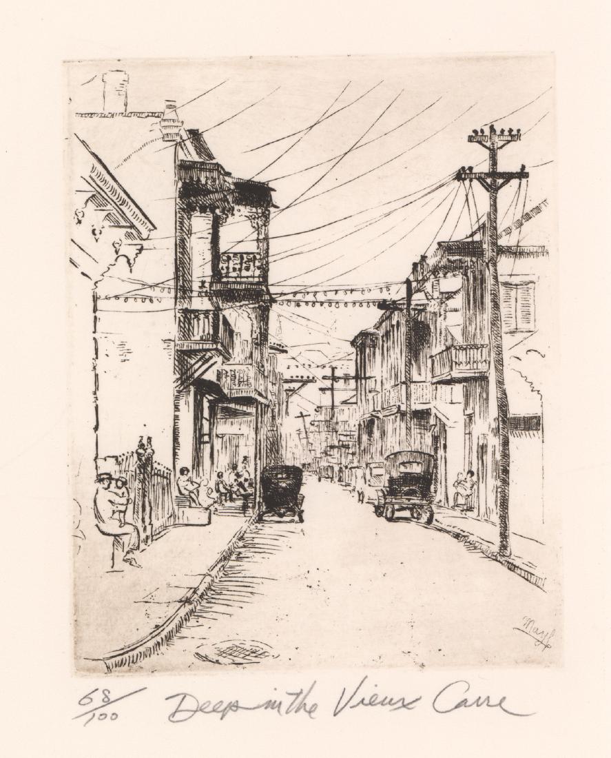 Robert Bledsoe Mayfield Estate Signed Etching: Robert Bledsoe Mayfield (American 1864-1934) estate signed etching. Artist name in plate lower right. Numbered and titled '68/100' Deep in the Vieux Carre' in pencil lower center. Signed '#9 Posthumou