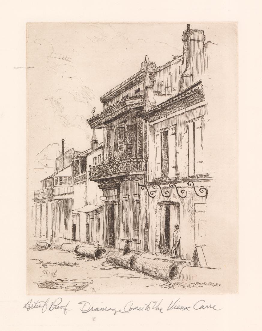 Robert Bledsoe Mayfield AP Estate Signed Etching: Robert Bledsoe Mayfield (American 1864-1934) artist proof estate signed etching. Artist name in plate lower left. Titled 'Artist Proof Drainage Comes to the Vieux Carre' in pencil lower center. Signed