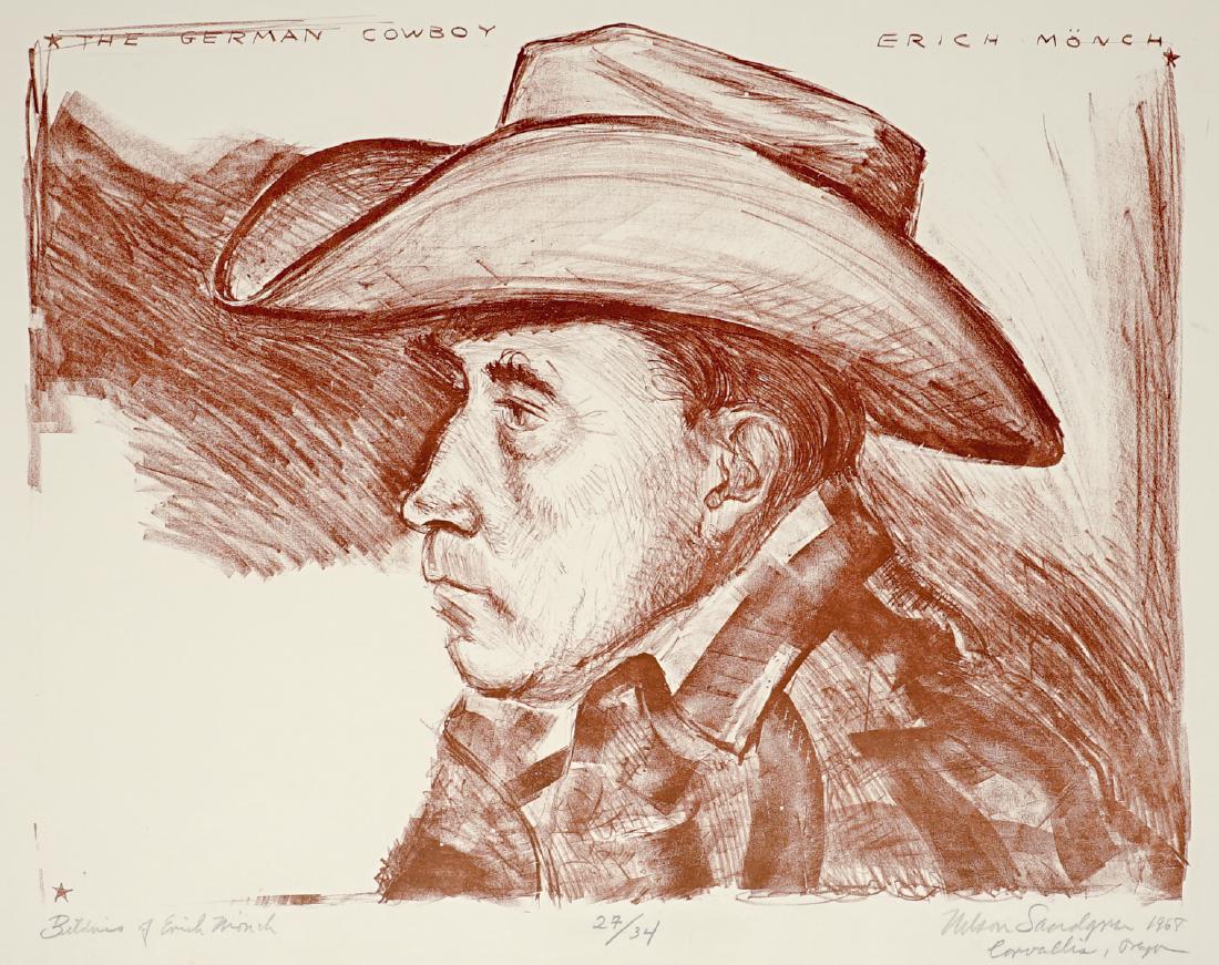 Nelson Sandgren [Oregon, Manitoba, Western Art]: Nelson Sandgren pencil signed colored lithograph. Signed and dated 'Nelson Sandgren 1968' lower right. G-VG/VG. Measures 16-in. x 21.375-in. image size, 20-in. x 26-in. sheet size. Unframed, loose and