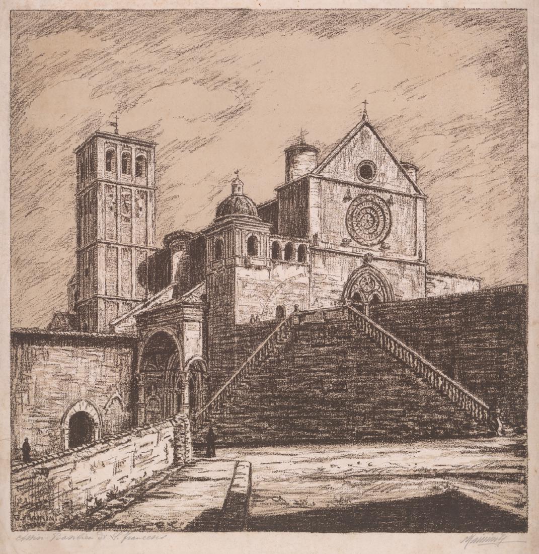 Giuseppe Mainini [Italy, Architectural]: Giuseppe Mainini pencil signed lithograph. Signed 'Mainini' lower right and titled 'Assisi - Basilica of S. Francisco' lower left. Tape at upper edges on verso. Sheet measures 16.25 in. x 15 in. Fair 