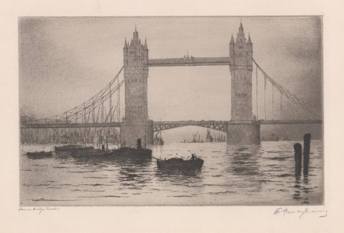 Edgar James Maybery [United Kingdom, Harbor Scene]: Edgar James Maybery original pencil signed etching. Signed 'E. J. Maybery' lower right and titled ' Tower Bridge London' lower left. Image size 4.875-in. x 7.875-in. and sheet size 8.875-in. x 11.5-in