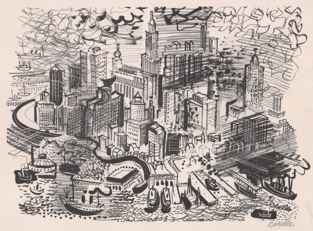 Charles Cobelle [Connecticut, Manhattan Birdseye]: Charles Cobelle (French, 1902 - 1998) pencil signed lithograph 'Manhattan' . Signed 'Cobelle' lower right and plate signed 'Cobelle' lower right. Sheet measures 12.5-in. x 16-in. Tape at upper corners