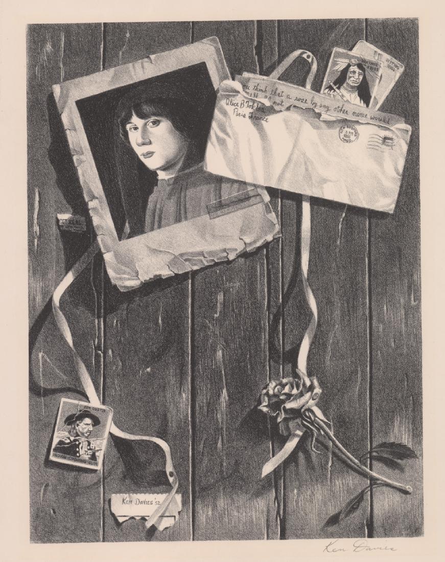 Ken Davies [Connecticut, Mass., trompe l'oeil]: Circa 1952 Ken Davies (Connecticut, Massachusetts, 1925 - 2017) pencil signed trompe l'oeil lithograph. Signed ' Ken Davies' lower right. Sheet measures 16.25-in. x 12.25-in. Tape along top edge verso