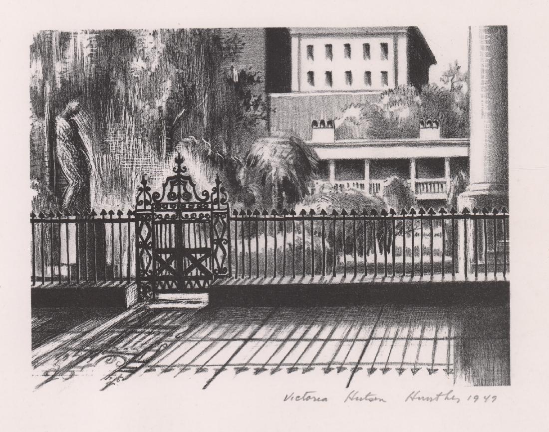 Victoria Hutson Huntley [New York, WPA Artist]: 1949 Victoria Hutson Huntley (New York, Connecticut, WPA artist, 1900 - 1971) pencil signed lithograph. Signed ' Victoria Hutson Huntley 1949' lower right. Titled 'Charleston, S. C.' lower right. Imag