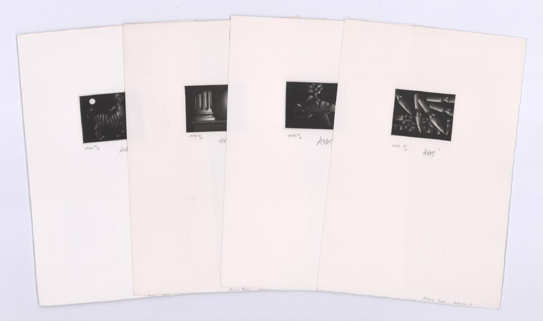 Mario Avati [France] Miniature Mezzotints (4): Marl Avati (French,1921 - 2009) pencil signed and numbered mezzotints. All signed 'Avati' lower right. Each numbered lower left. '6/6, 2/7, 2/4 and 2/2'. Images measure approximately 2 in. x 2.625 in.