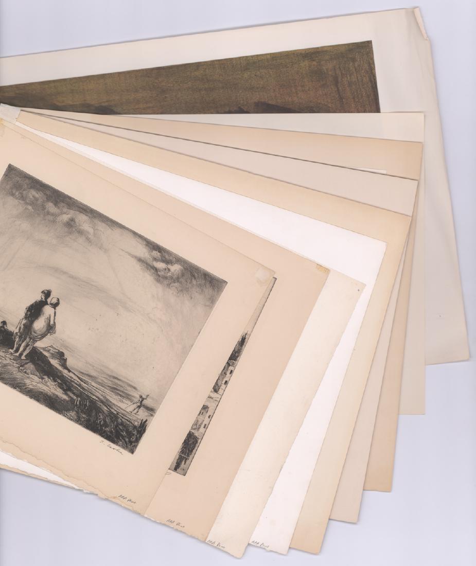 AAA Prints Group of (9): A large group of nine AAA signed lithographs and etchings. Includes Fletcher Martin, Henry Pitz, Bonannos, S. Csoka, Taubes, Dobkin and Lehrer. A few are in Ex+/NrMt condition still hinge mounted to t