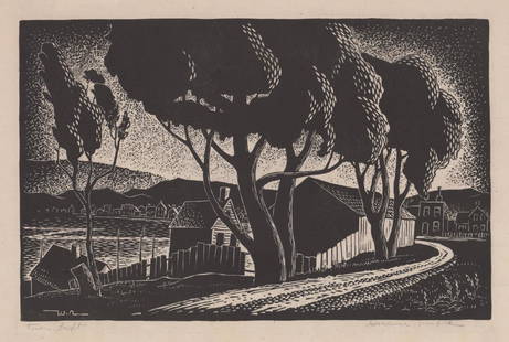 Woldemar Neufeld Linocut [NY, Russian, Canadian]: Woldemar Neufeld (New York, Canadian, Russian 1909 - 2002) linocut. Signed 'Woldemar Neufeld' in pencil lower right. Title 'Turn Left' in pencil lower left. Artist's initials 'W.N.' in plate lower lef