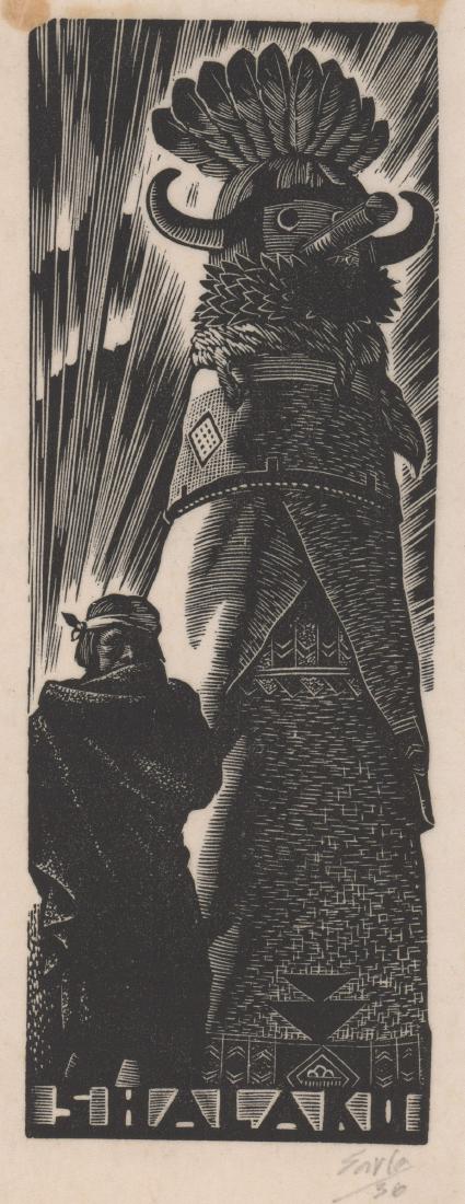 Earle Wood Engraving [Totem]: Earle signed totem wood engraving. Signed and dated 'Earle 36' in pencil lower right. Title 'Shalako'. Measures 7-in. x 2.5-in. image size, 8-in. x 3.125-in. sheet size. Currently unframed, loose and 