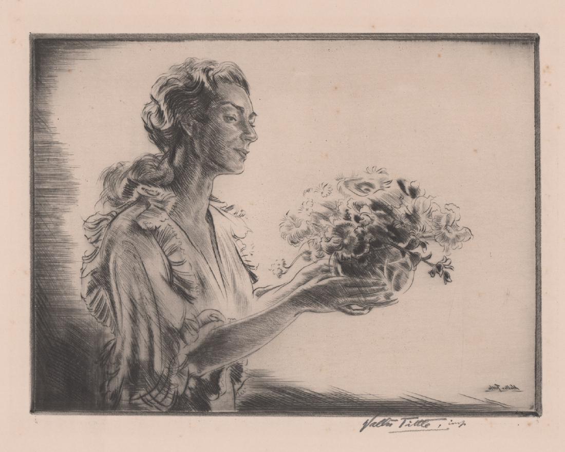 Walter E Tittle Signed Dry Point [Woman w/Flowers] (1 of 5)