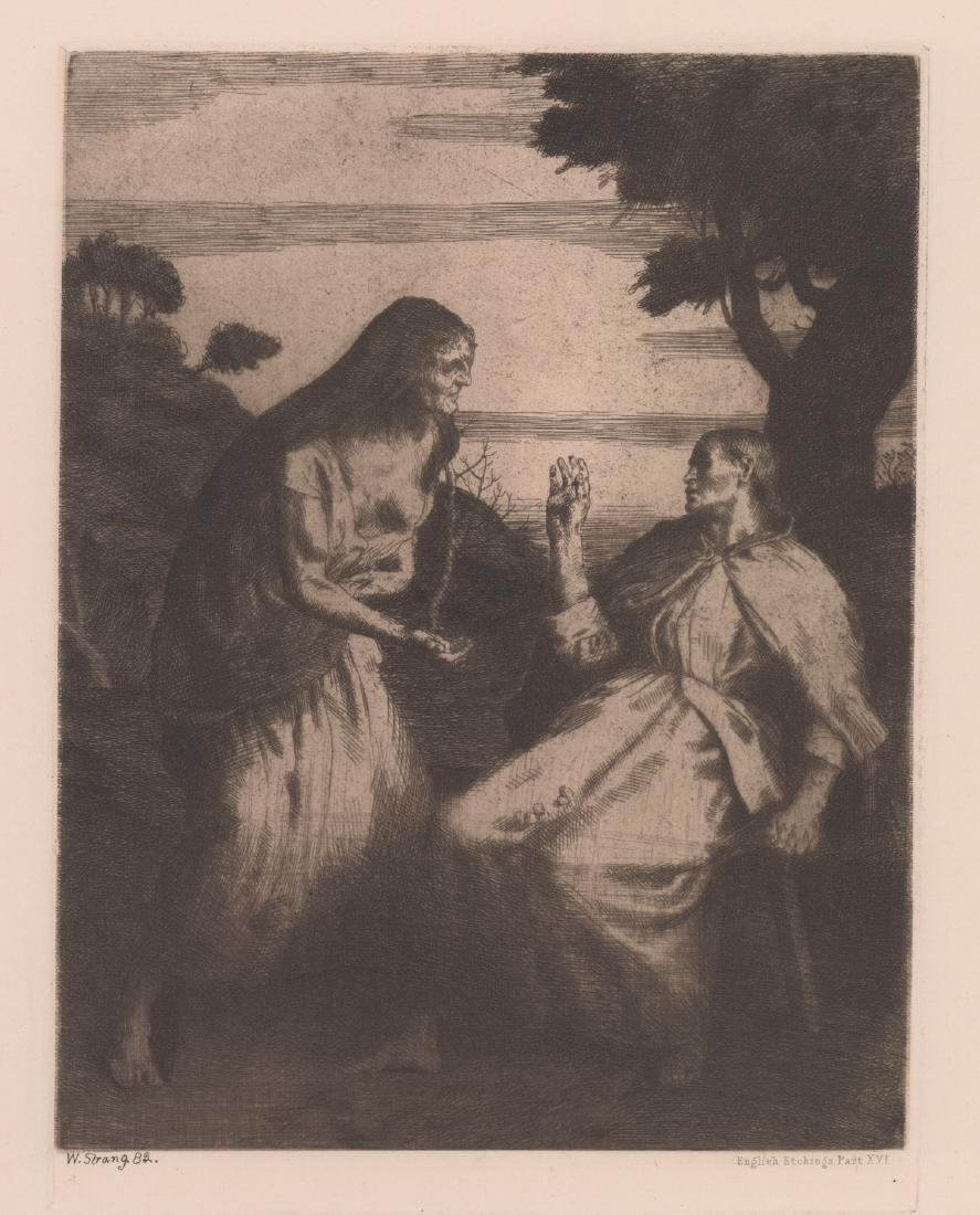 William Strang Signed Etching [Macbeth's Witches]: William Strang (United Kingdom 1859 - 1921) signed etching. Lettered below image left with artist's name and date 'W. Strang. 82', referenced 'English Etchings Part XVI' beneath image right. Image pub