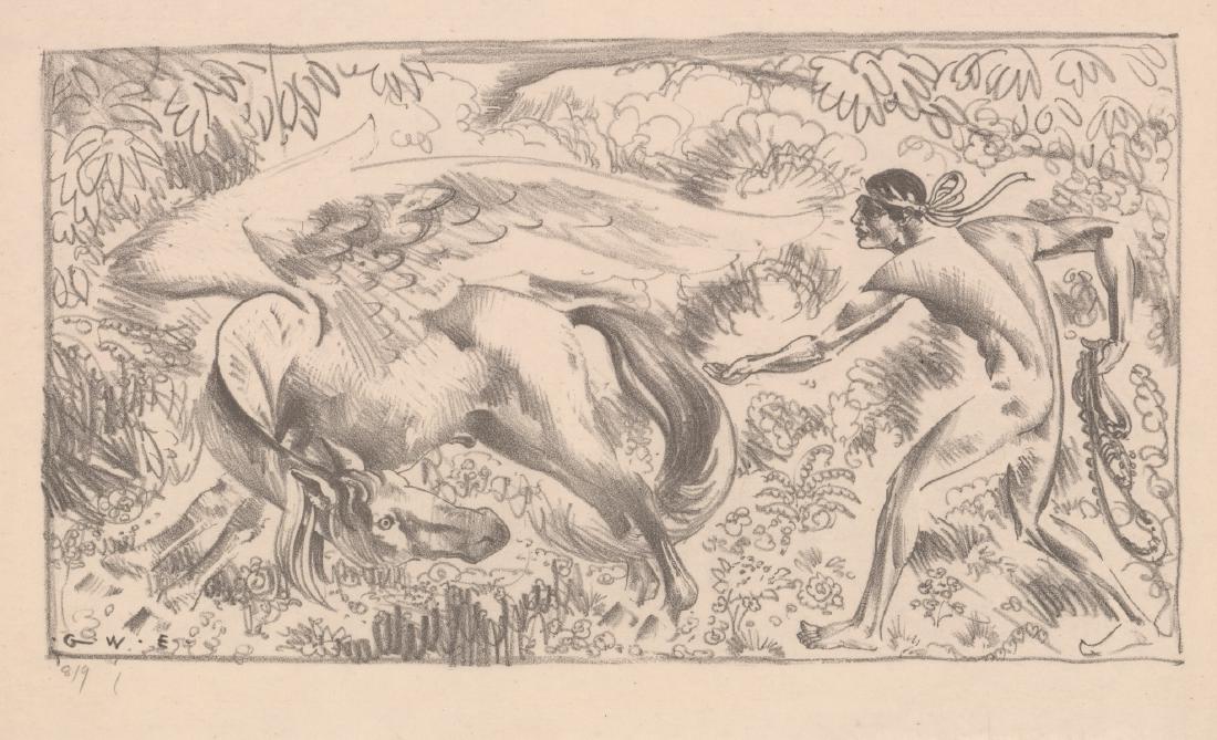 G W Eagers Etching [Man with Pegasus, WPA]: G W Eagers etching. Artist's initials 'G.W.E.' in plate lower left. Numbered '8/9' in pencil lower left. Measures 7.375-in. x 12.375-in. sheet size. Image in VG/EX condition, with slight smudging alon
