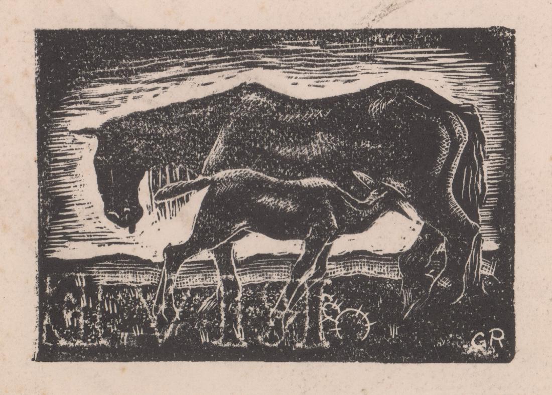 Unsigned Wood Engraving [WPA]: Unsigned WPA-era wood engraving. Artist's initials 'GR' in plate lower right. Appears artist's surname is part of picture in mirror-image, lower left. Appears to read 'RIVE'. Measures 3.75-in. x 5.5-i