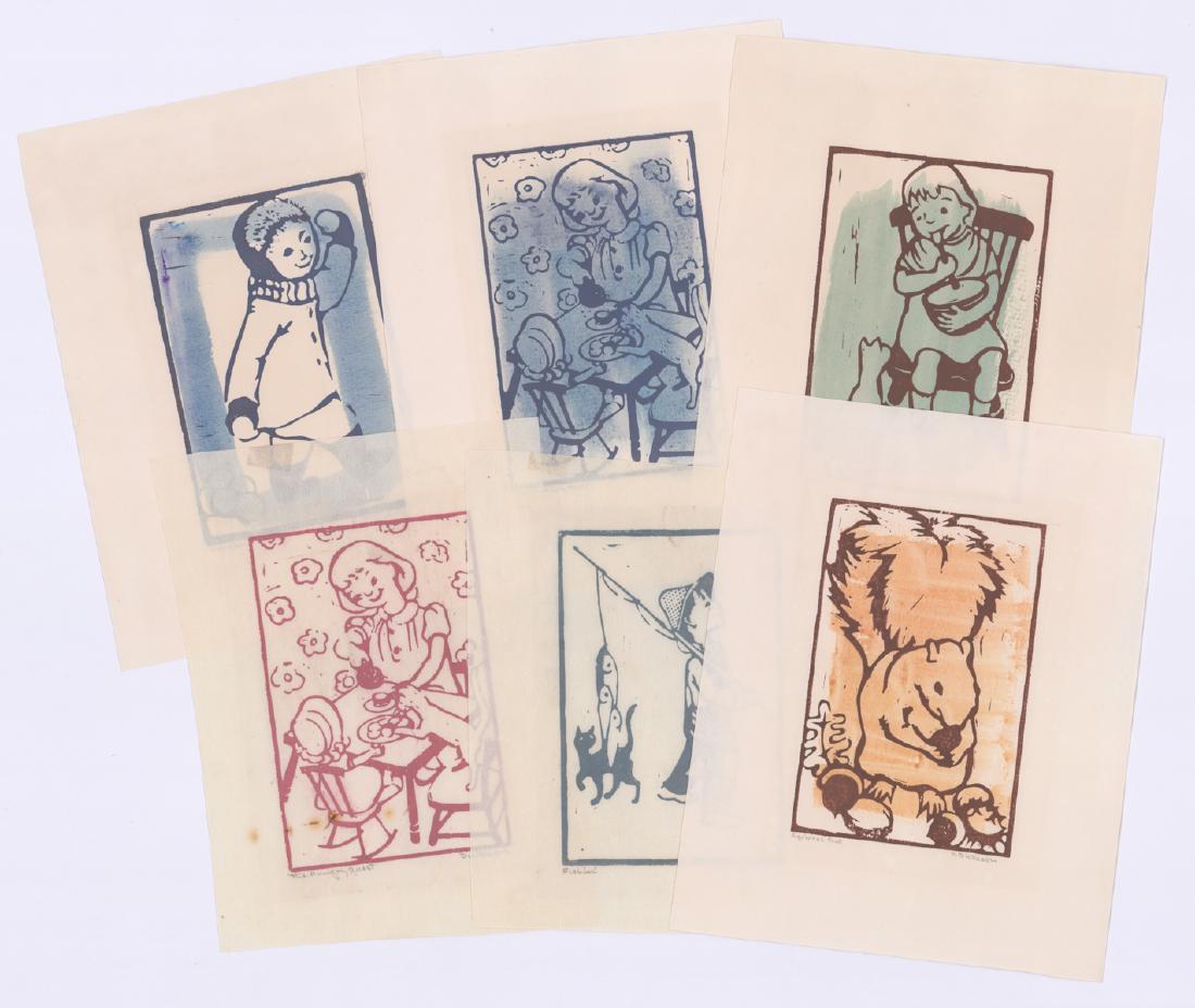 D. Dickason Signed Woodcuts [Children, Squirrel]: Six D. Dickason signed color woodcuts. Five signed 'D. Dickason', one 'Dickason' in pencil lower right. All six titled in pencil lower left. Four measure 9.625-in. x 7.625-in. sheet size, one 8.375-in