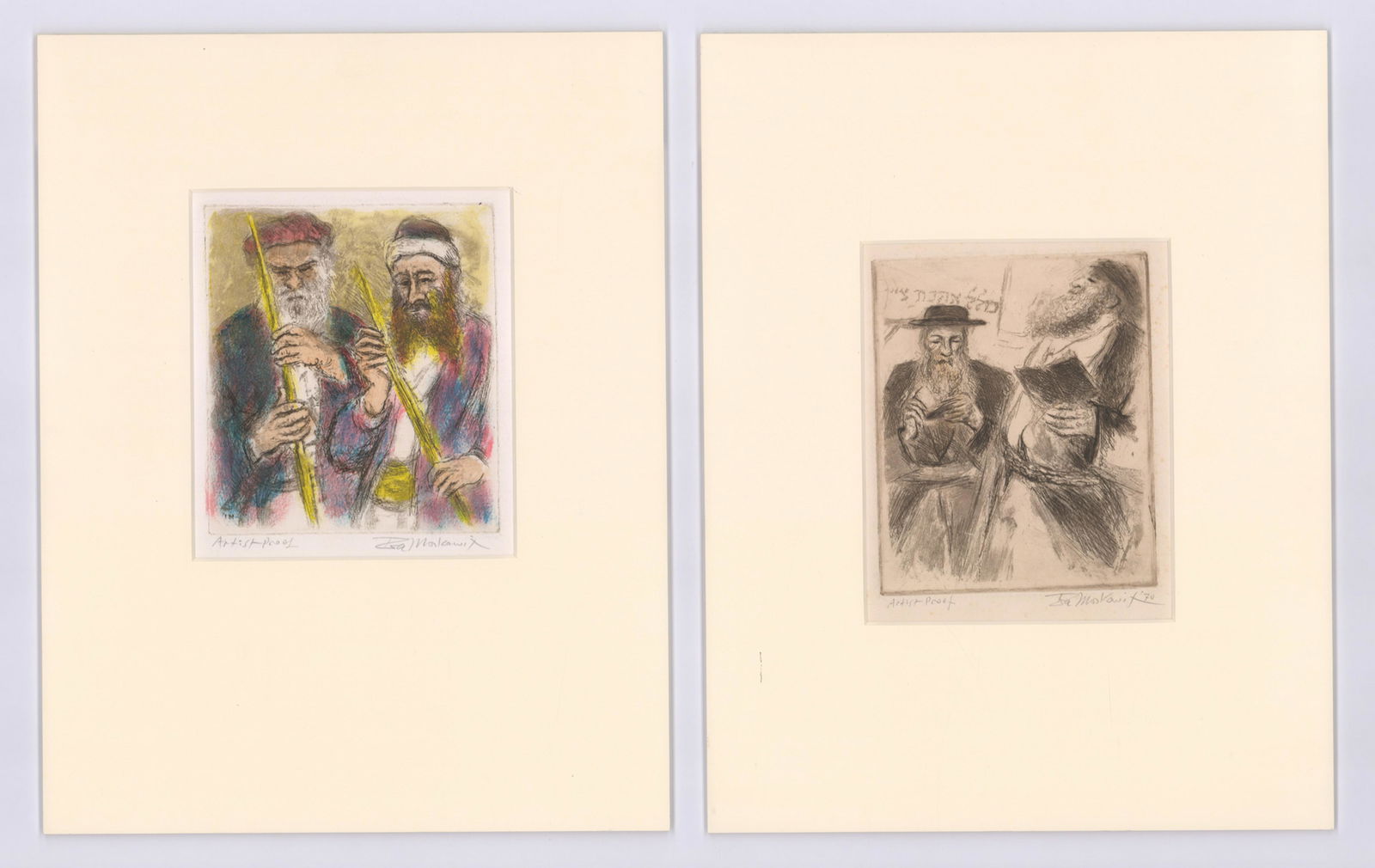 Ira Moskowitz Signed Etchings [AP, Judaica]: Two Ira Moskowitz (New York, Poland 1912 - 2001) signed artist proof etchings. 1) Color etching signed 'Ira Moskowitz' in pencil lower right. 'Artist Proof' in pencil lower left. Title 'Happy New Year