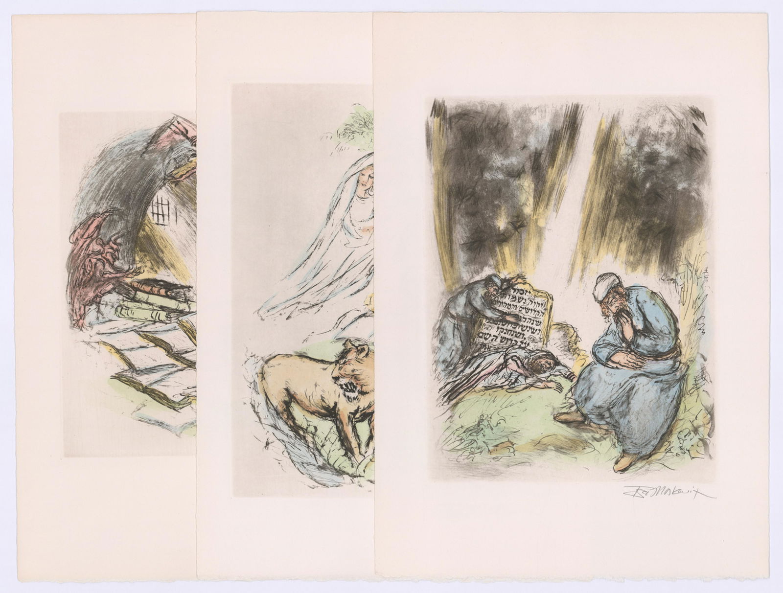 Ira Moskowitz Signed Color Etchings [Religious]: Three Ira Moskowitz (New York, Poland 1912 - 2001) signed color etchings. All signed 'Ira Moskowitz' in pencil lower right. Etchings featured in Isaac Bashevis Singer's book, 'Reaches of Heaven', illu