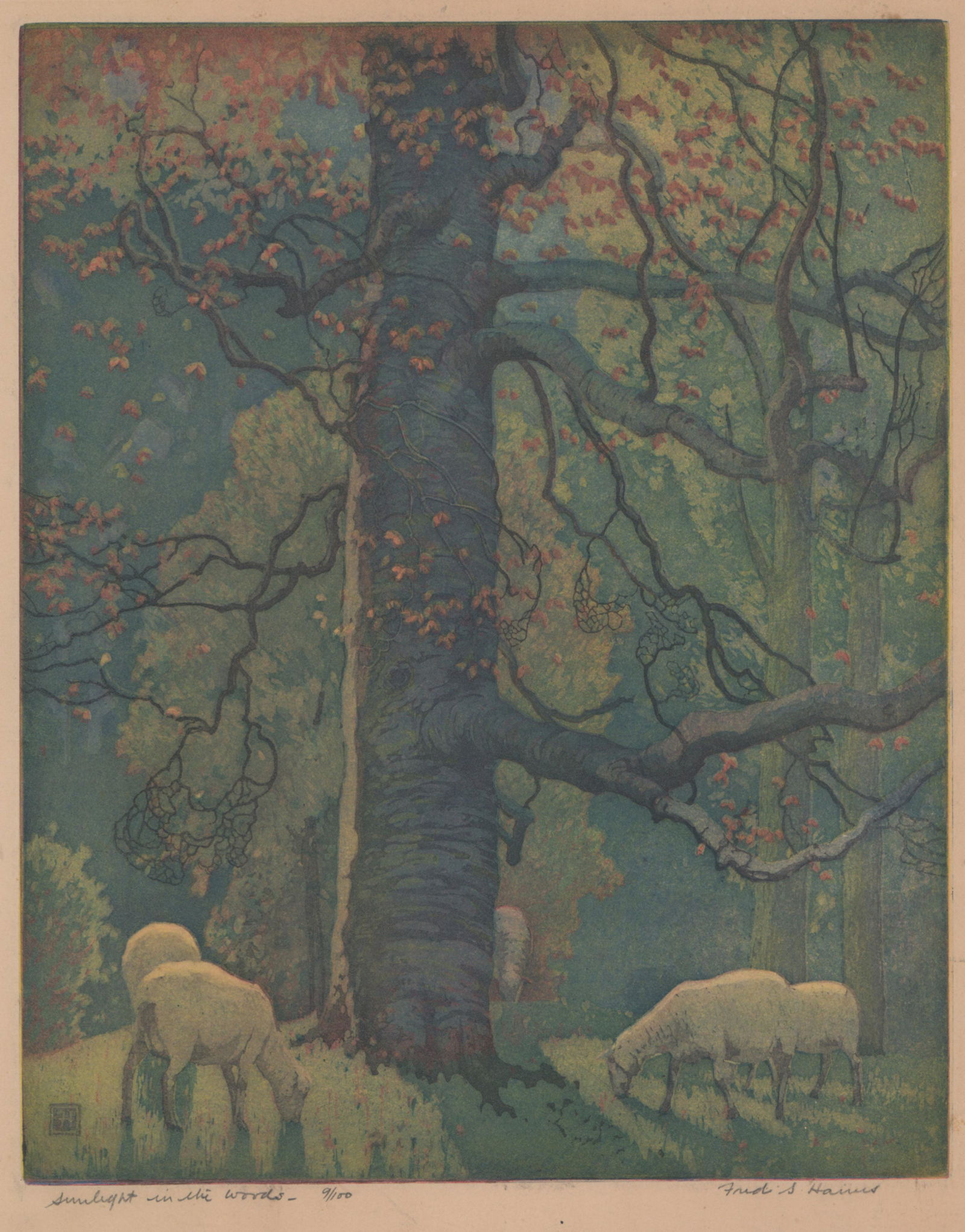 Fred S. Hanns Color Etching [Woods, Sheep] (1 of 4)