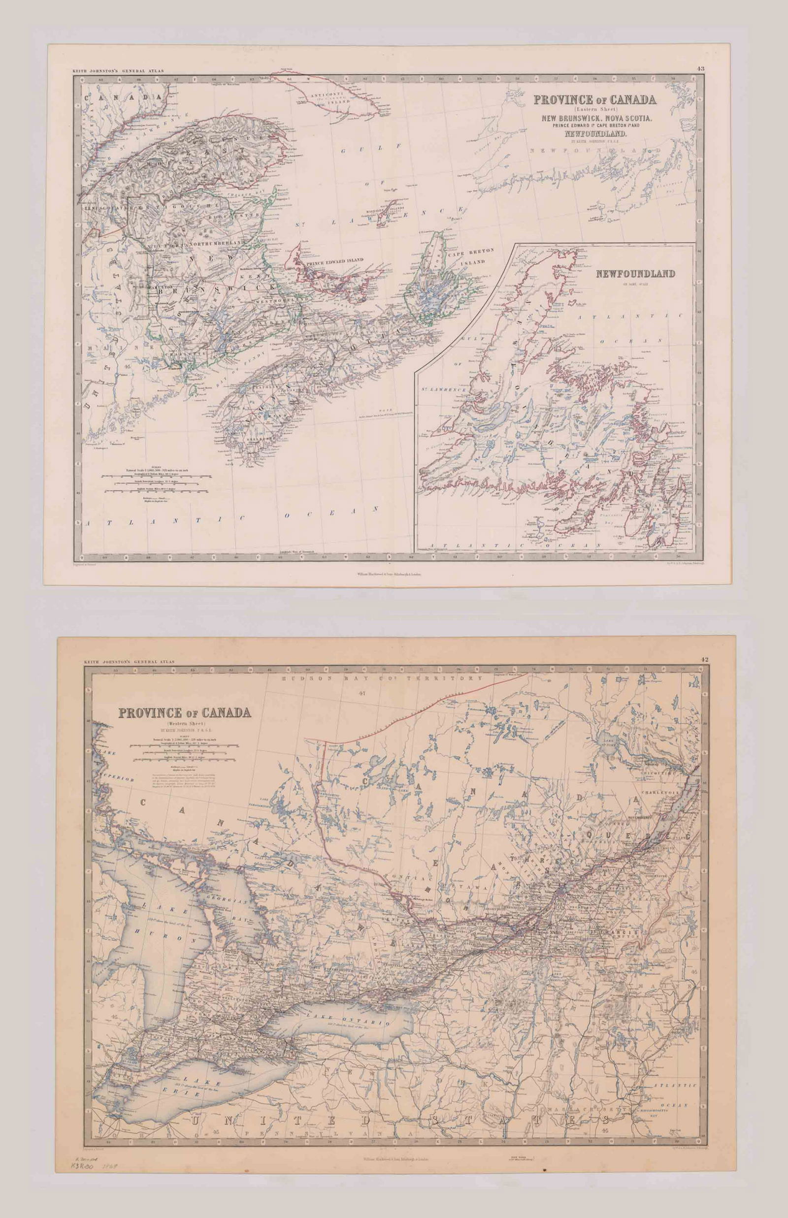 Keith Johnston Map [Map of Canada]: Keith Johnston (cartographer) map of Canada in two sheets, Western Sheet and Eastern Sheet. Title 'Province of Canada'. Circa 1862. Each sheet measures 19.375-in. x 24.5-in. sheet size. Gold-gilt edge