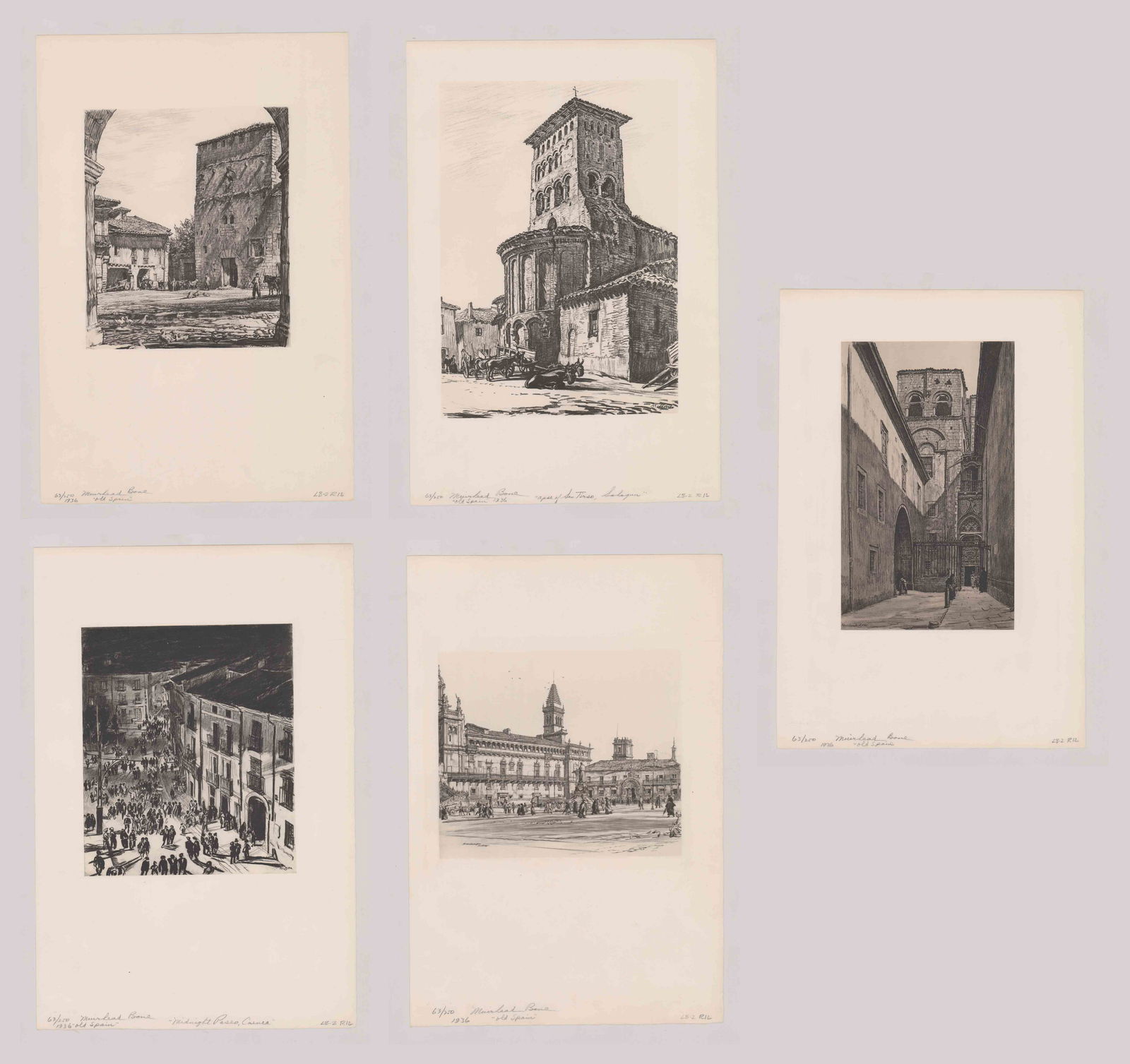 Muirhead Bone Prints [Old Spain Exterior Scenes]: Five Muirhead Bone prints from drawings by artist as published in 'Old Spain' by MacMillian and Co., London, 1936. From a limited edition copy of 'Old Spain' of 265 sets, of which these prints are fro