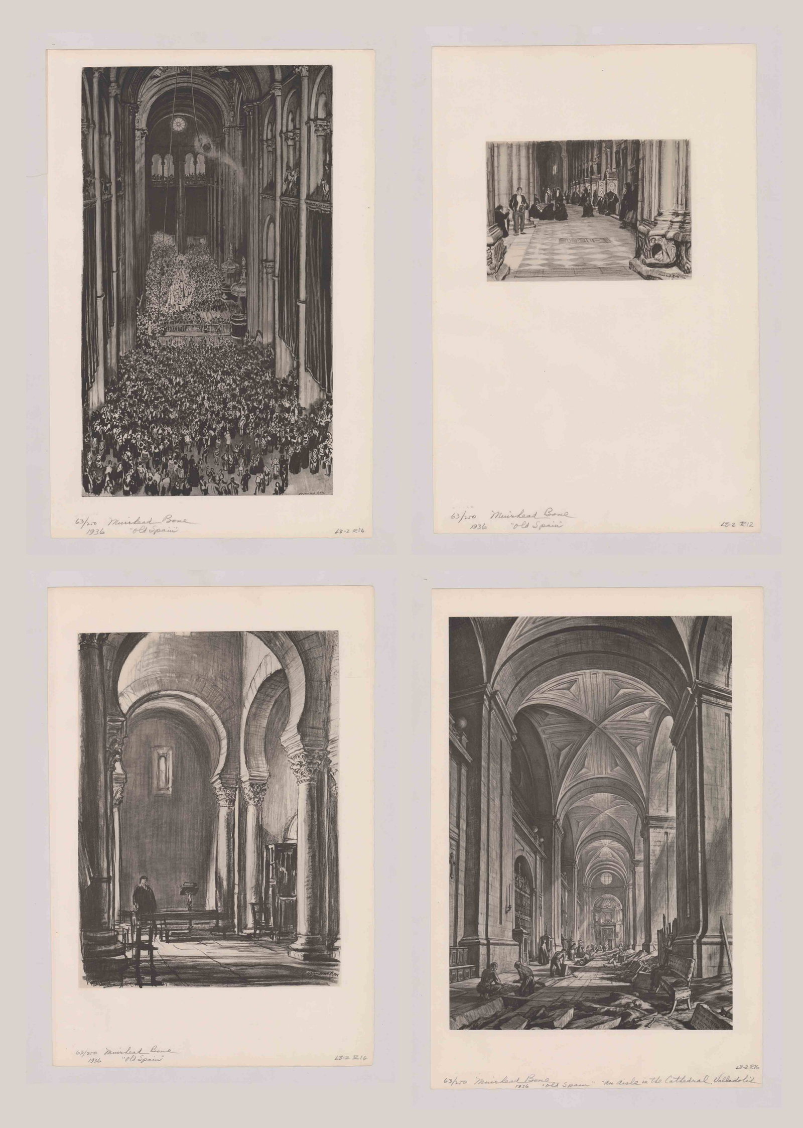 Muirhead Bone Prints [Old Spain Interior Scenes]: Four Muirhead Bone prints from drawings by artist as published in 'Old Spain' by MacMillian and Co., London, 1936. From a limited edition copy of 'Old Spain' of 265 sets, of which these prints are fro