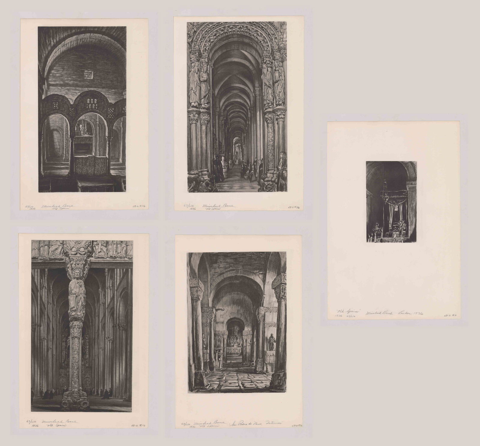 Muirhead Bone Prints [Old Spain Interior Scenes]: Five Muirhead Bone prints from drawings by artist as published in 'Old Spain' by MacMillian and Co., London, 1936. From a limited edition copy of 'Old Spain' of 265 sets, of which these prints are fro