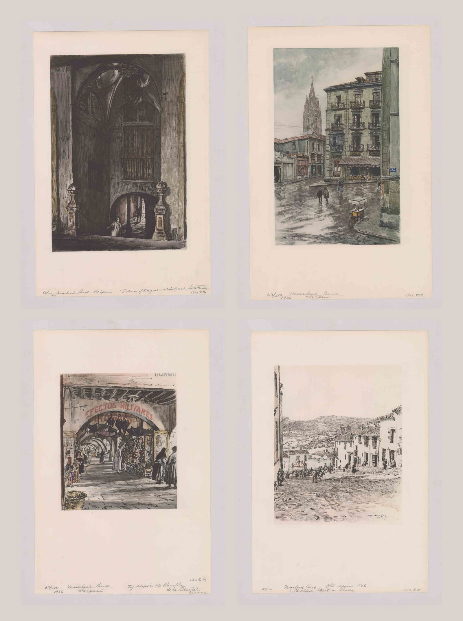 Muirhead Bone Color Prints [Old Spain Ext. Scenes]: Four Muirhead Bone color prints from drawings by artist as published in 'Old Spain' by MacMillian and Co., London, 1936. From a limited edition copy of 'Old Spain' of 265 sets, of which these prints a