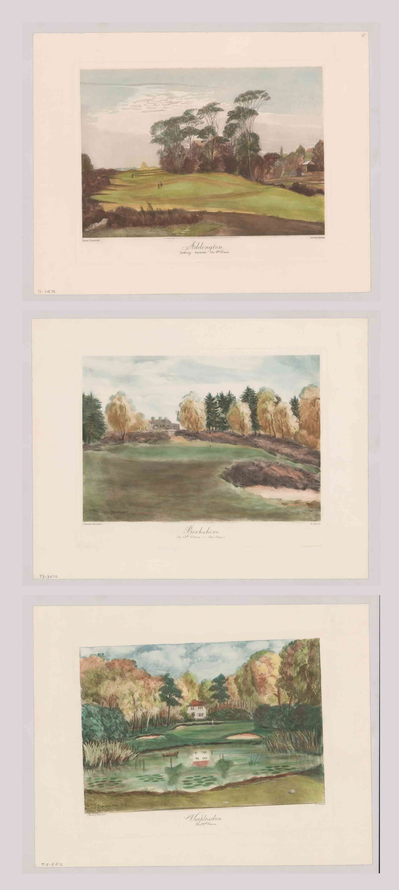 Three Fore's Color Etchings [Golf Course]: Two color etchings of watercolors by Isabella Bromley-Davenport (d. 1957) and signed in plate lower left. One is of watercolor by Ernest Greenwood (UK b. 1913). All three published by Fore's Ltd. Lond