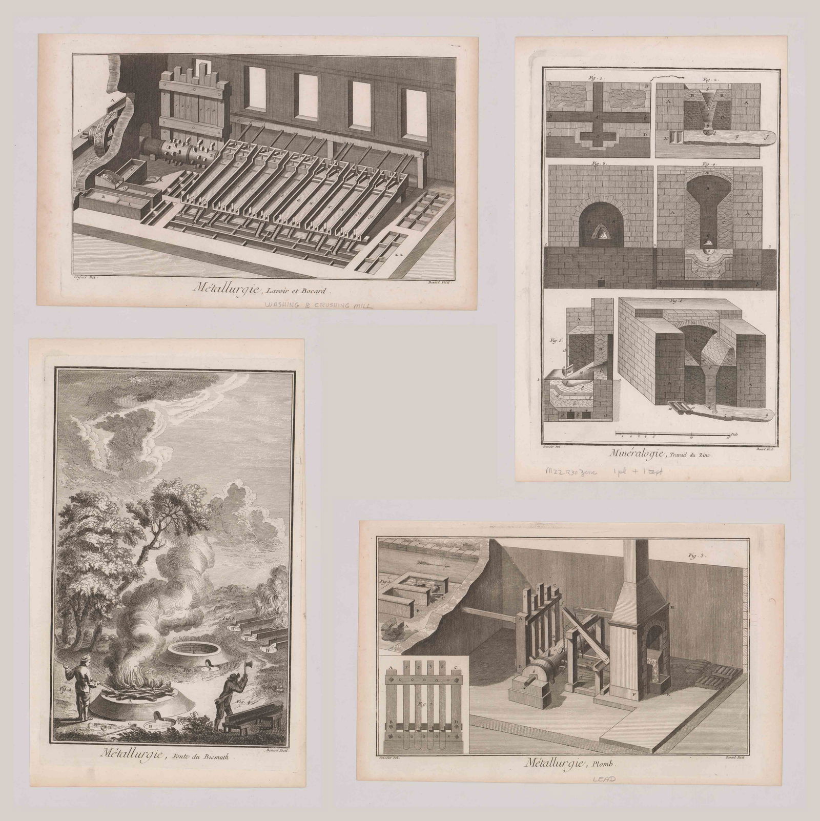 Histoire Naturelle Metallurgie Prints [Metallurgy]: Four plates plus explanatory text for each plate from ''Recueil de Planches, sur les Sciences, les Arts Liberaux, et les Arts Mechaniques avec leur Explication' by Denis Diderot, circa 1750's'. Text i